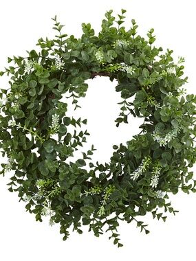 Nearly Natural Green Eucalyptus Double-Ring Wreath with White Accents